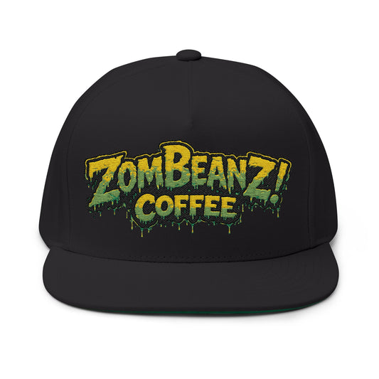 ZomBeanz! Coffee Embroidered Flat Bill Hat — Retro Drip Logo Snapback